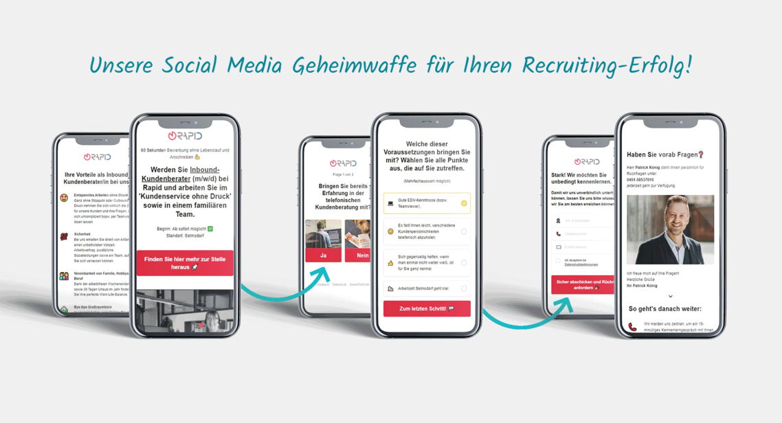 Mehrere Mock-Ups von einem Smartphone nebeneinander gestellt. Sie zeigen die einzelnen Schritte des Bewerberquizes von Rapid Data.