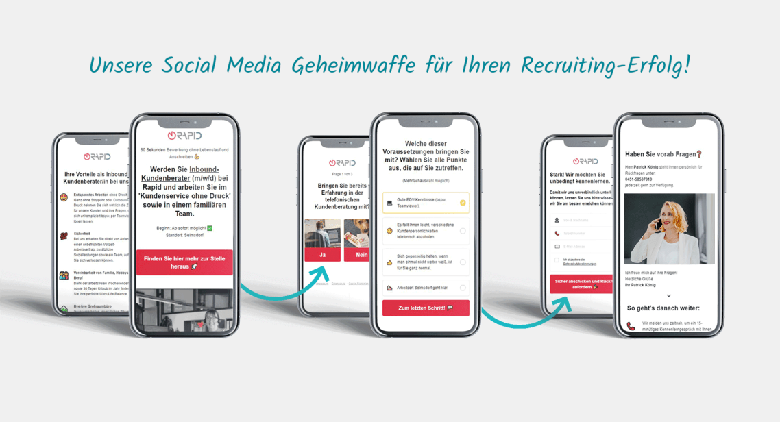 Mehrere Mock-Ups von einem Smartphone nebeneinander gestellt. Sie zeigen die einzelnen Schritte des Bewerberquizes von Rapid Data.