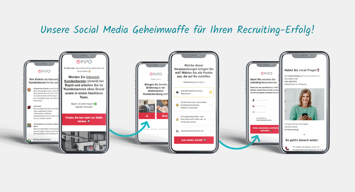 Mehrere Mock-Ups von einem Smartphone nebeneinander gestellt. Sie zeigen die einzelnen Schritte des Bewerberquizes von Rapid Data.